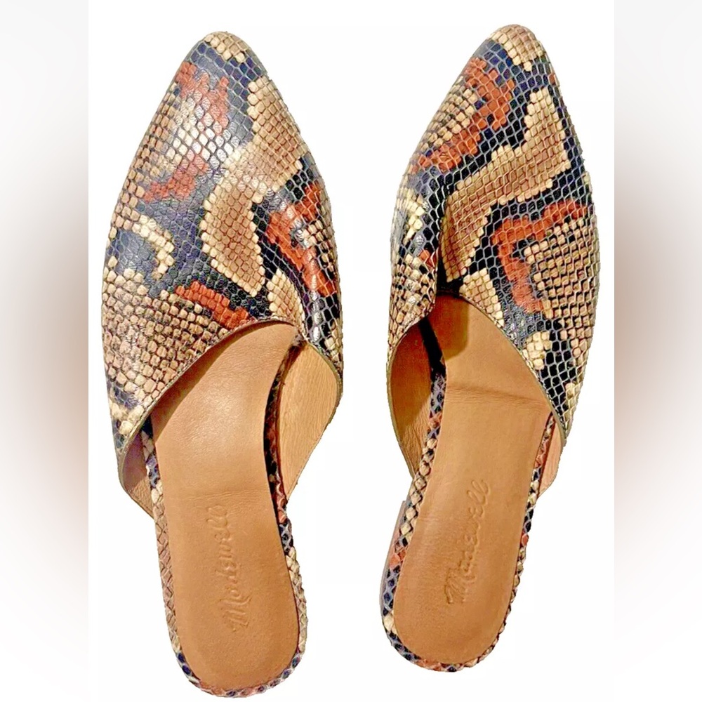 𝅺Madewell The Cory Mule Snake Print Embossed Leather Flats Spiced Cider 8